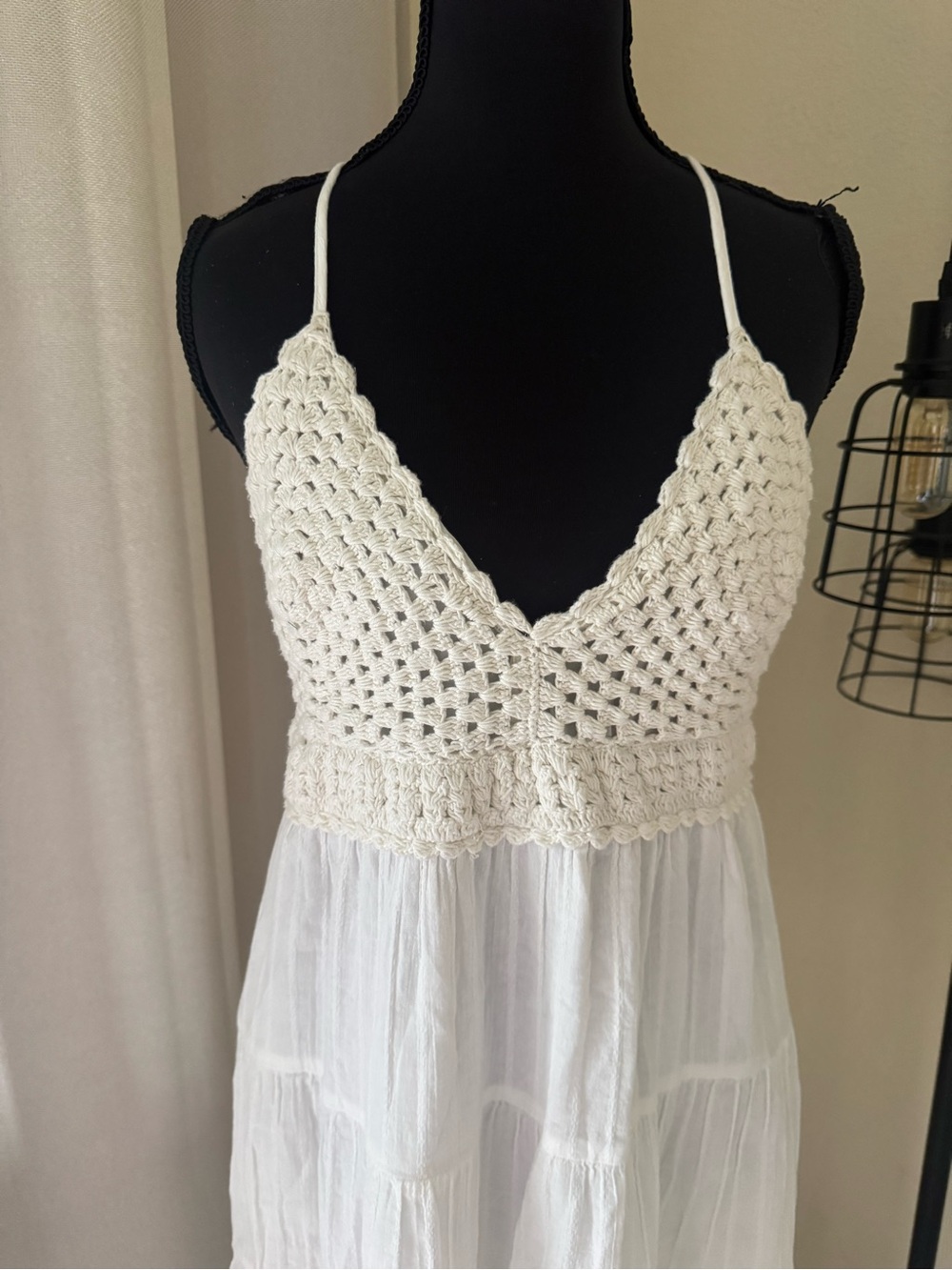 Aerie White Crochet Mini Dress XL Boho Cottagecore Tiered Sundress - Picture 4 of 9